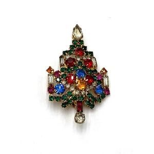 Vintage Warner Christmas Tree Brooch Rhinestones Multicolored Estate